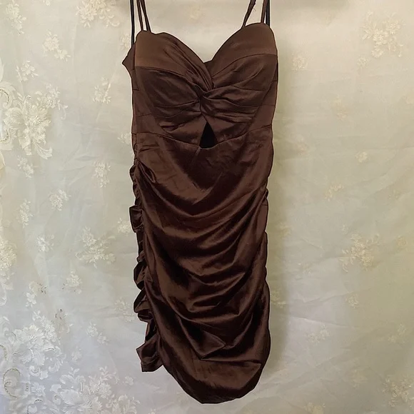 brown satin ruched dress Inmaculada Brown Ruched Satin Maxi Dress (Without Gloves) main image 0